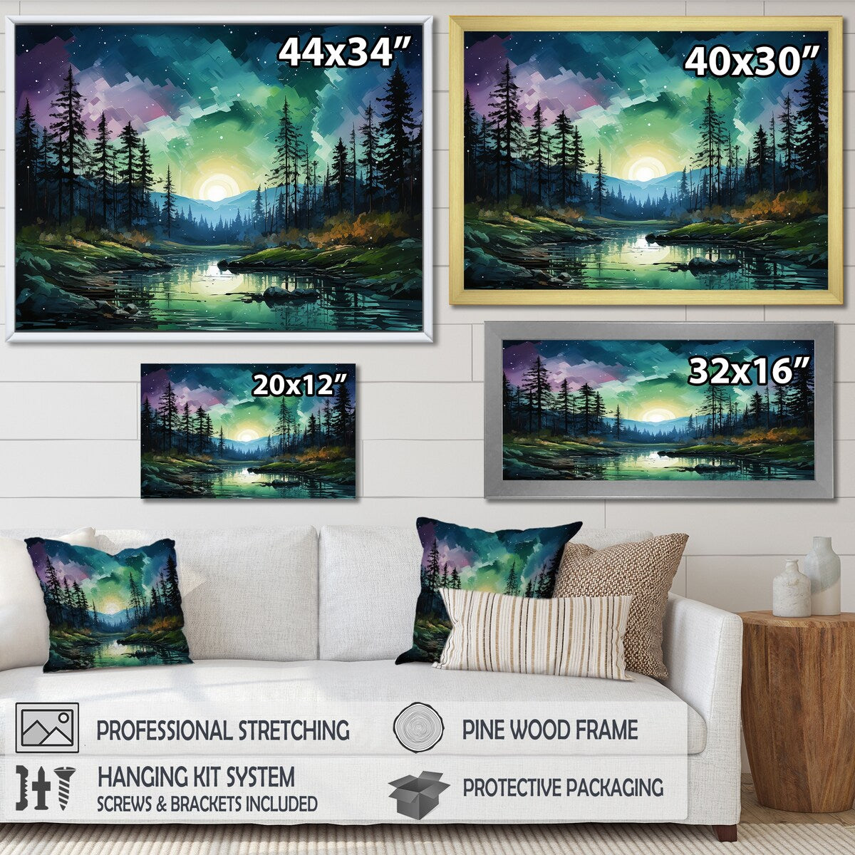 Designart "Aurora Borealis Scenery Watercolor IV" Aurora Borealis Framed Canvas Wall Art