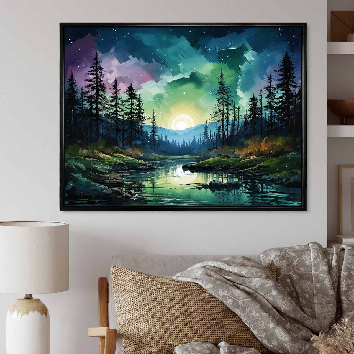 Designart "Aurora Borealis Scenery Watercolor IV" Aurora Borealis Framed Canvas Wall Art
