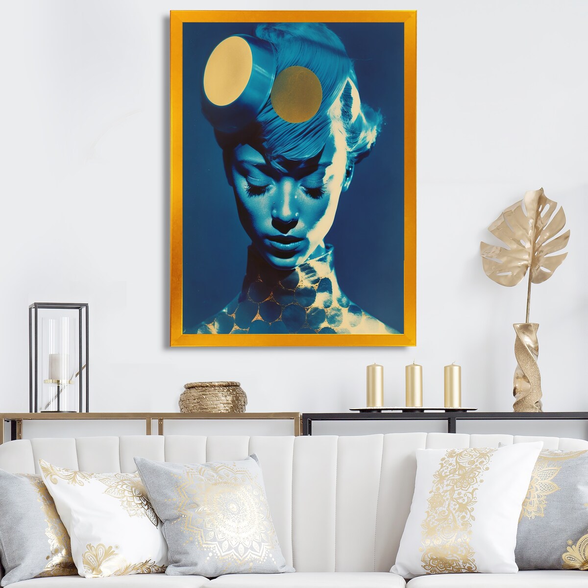 Designart "Avant Garde Model In Gold And Retro Blue X" Fashion Woman Framed Wall Decor