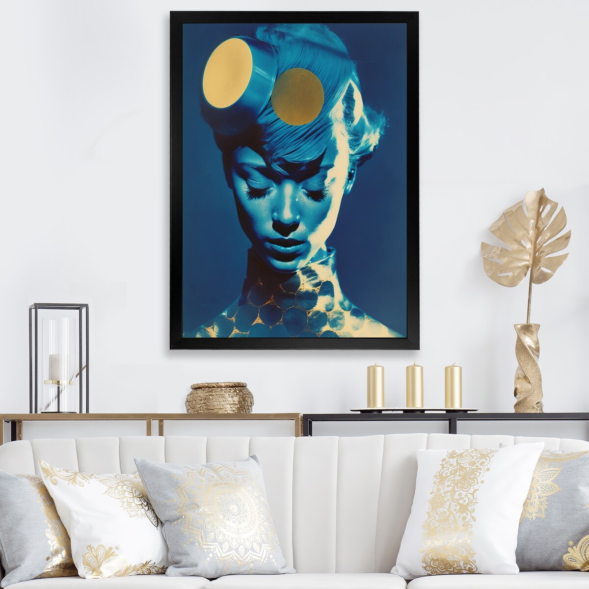 Designart "Avant Garde Model In Gold And Retro Blue X" Fashion Woman Framed Wall Decor