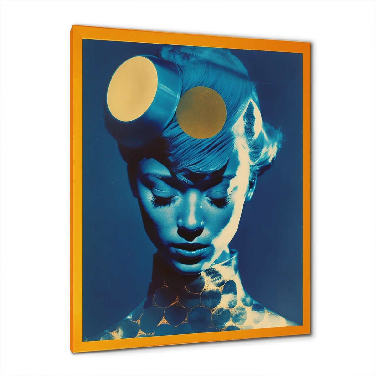 Designart "Avant Garde Model In Gold And Retro Blue X" Fashion Woman Framed Wall Decor