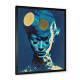 Designart "Avant Garde Model In Gold And Retro Blue X" Fashion Woman Framed Wall Decor