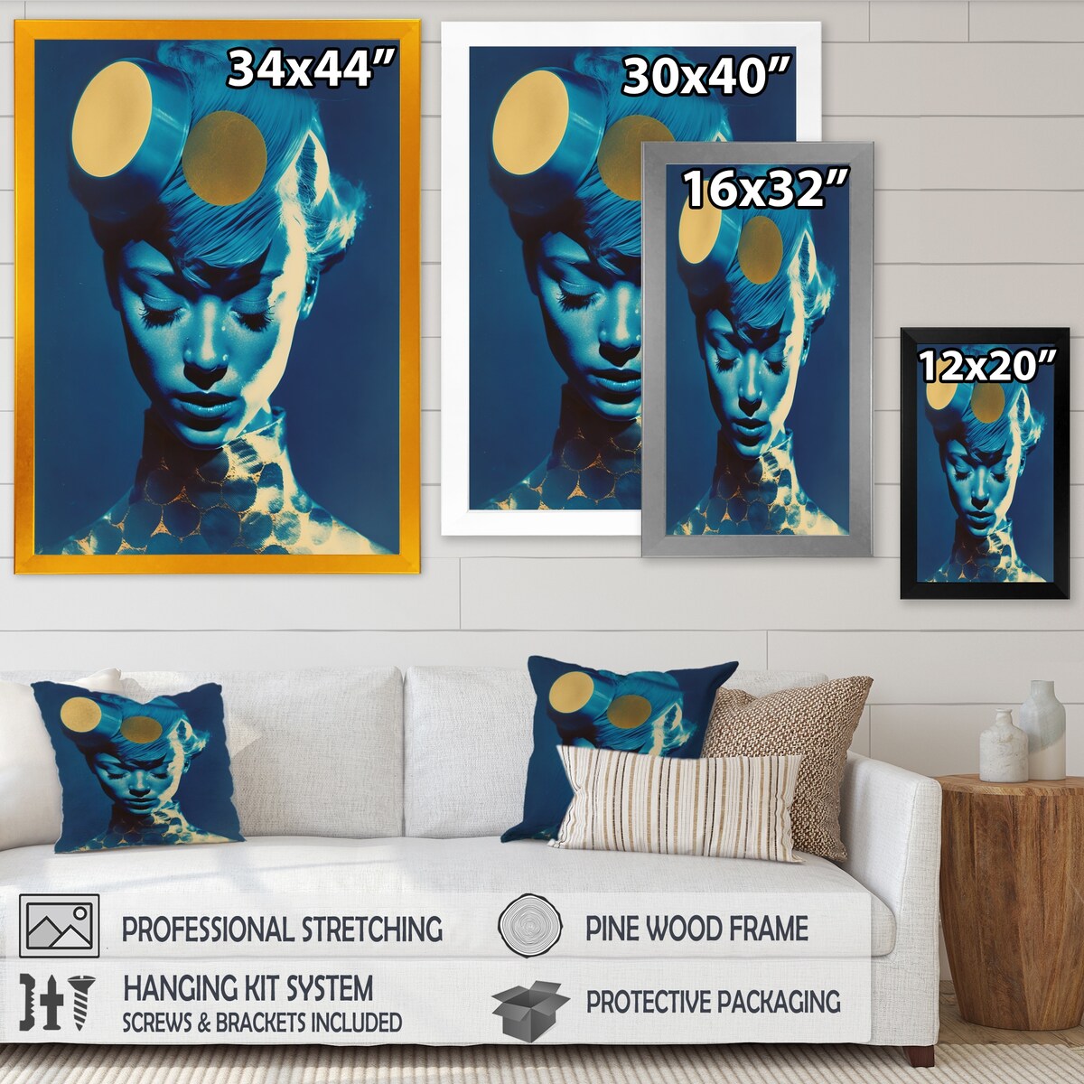 Designart "Avant Garde Model In Gold And Retro Blue X" Fashion Woman Framed Wall Decor
