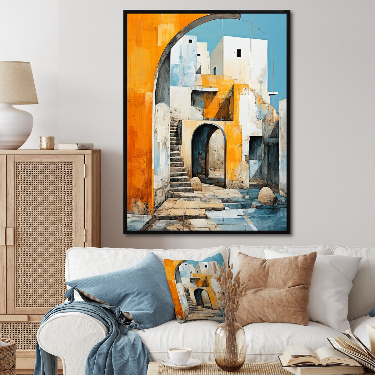 Designart "Azure Arches Stairs I" Abstract Shapes Framed Wall Art Living Room