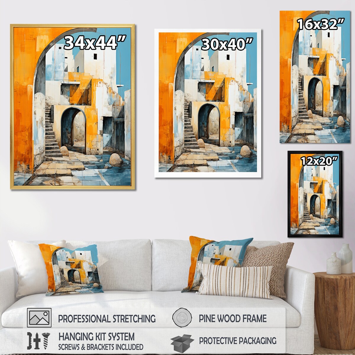 Designart "Azure Arches Stairs I" Abstract Shapes Framed Wall Art Living Room