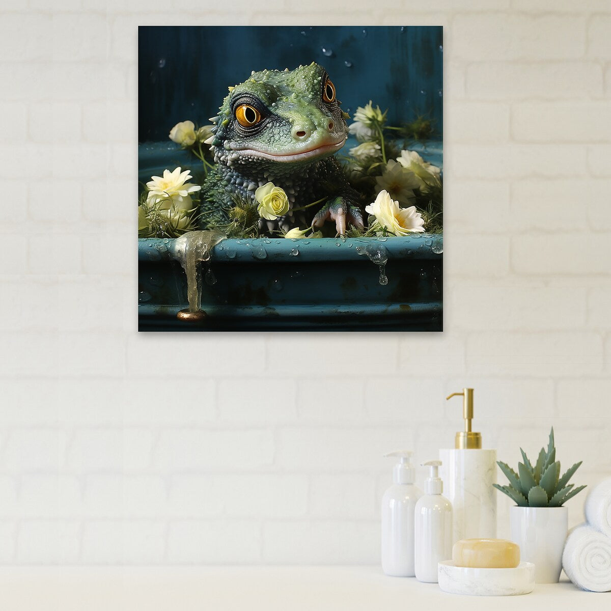 Designart "Bathroom Geckos Green Soak " Bathroom Wall Art