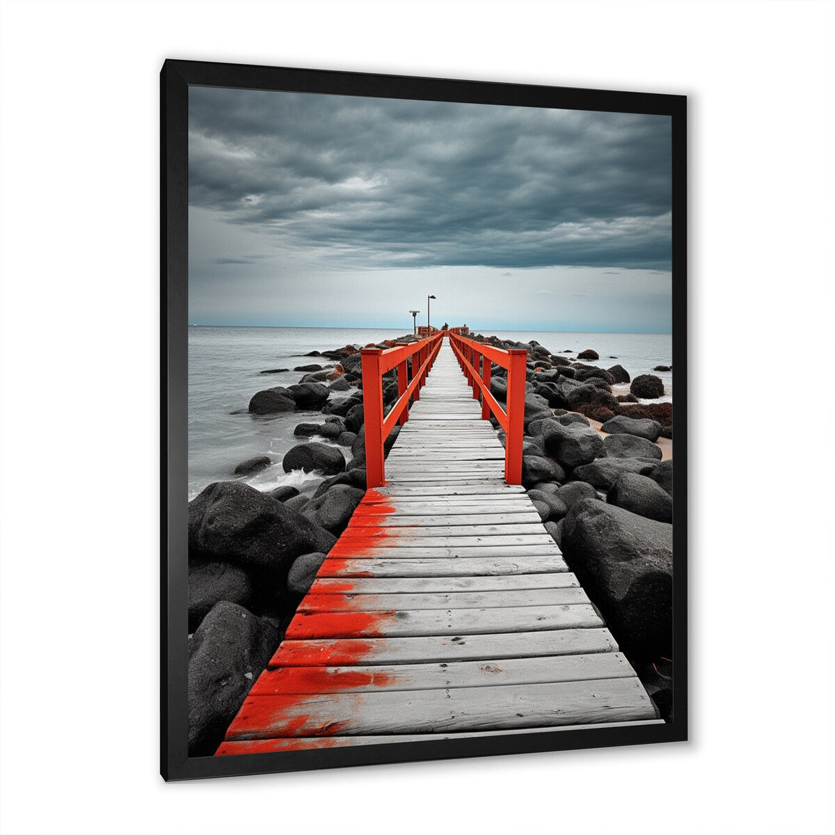 Designart "Beach Pier Perspective Black V" Coastal Pier Framed Wall Art Living Room