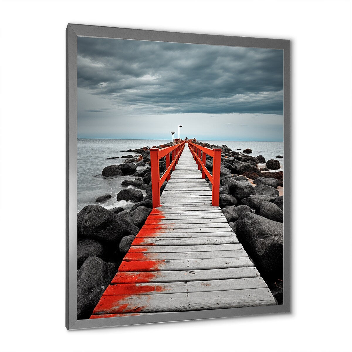 Designart "Beach Pier Perspective Black V" Coastal Pier Framed Wall Art Living Room