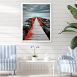 Designart "Beach Pier Perspective Black V" Coastal Pier Framed Wall Art Living Room