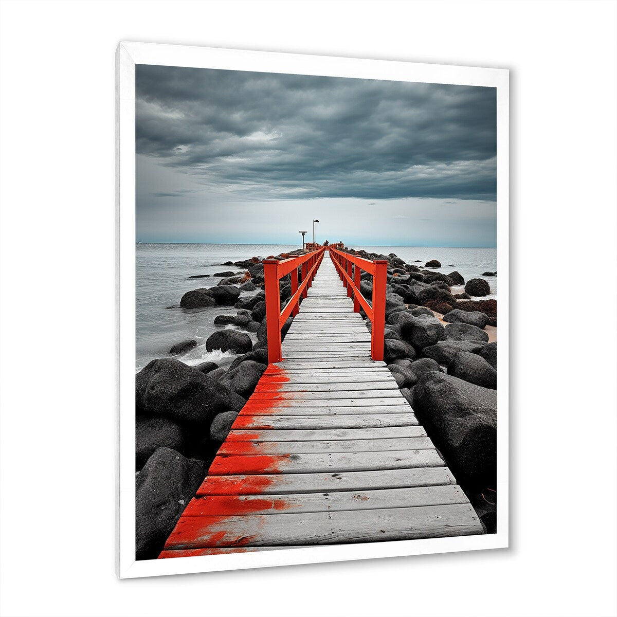 Designart "Beach Pier Perspective Black V" Coastal Pier Framed Wall Art Living Room