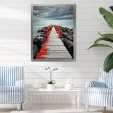 Designart "Beach Pier Perspective Black V" Coastal Pier Framed Wall Art Living Room