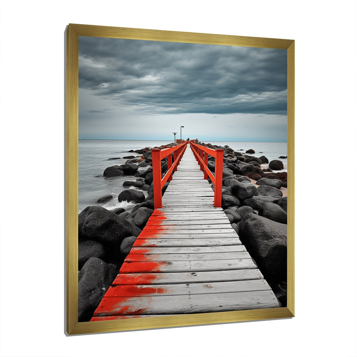 Designart "Beach Pier Perspective Black V" Coastal Pier Framed Wall Art Living Room