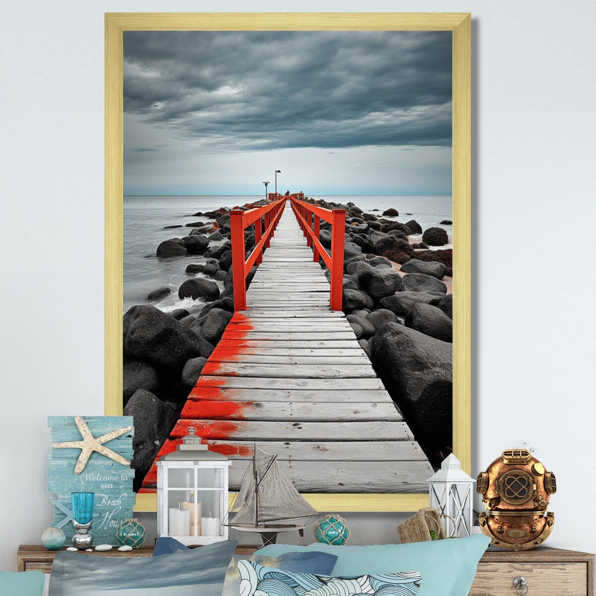 Designart "Beach Pier Perspective Black V" Coastal Pier Framed Wall Art Living Room