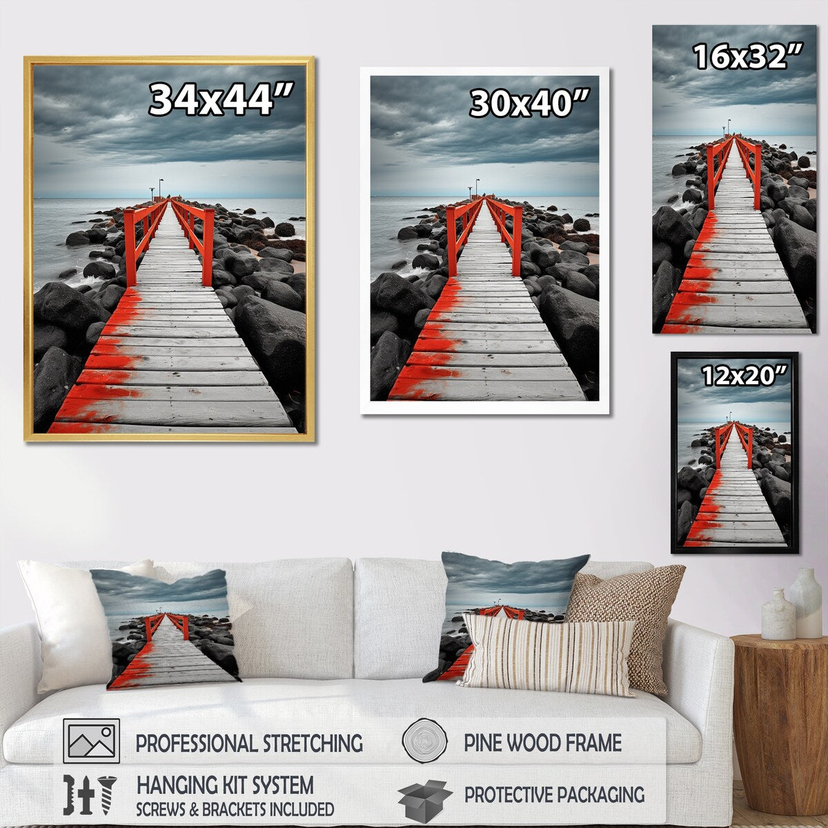 Designart "Beach Pier Perspective Black V" Coastal Pier Framed Wall Art Living Room