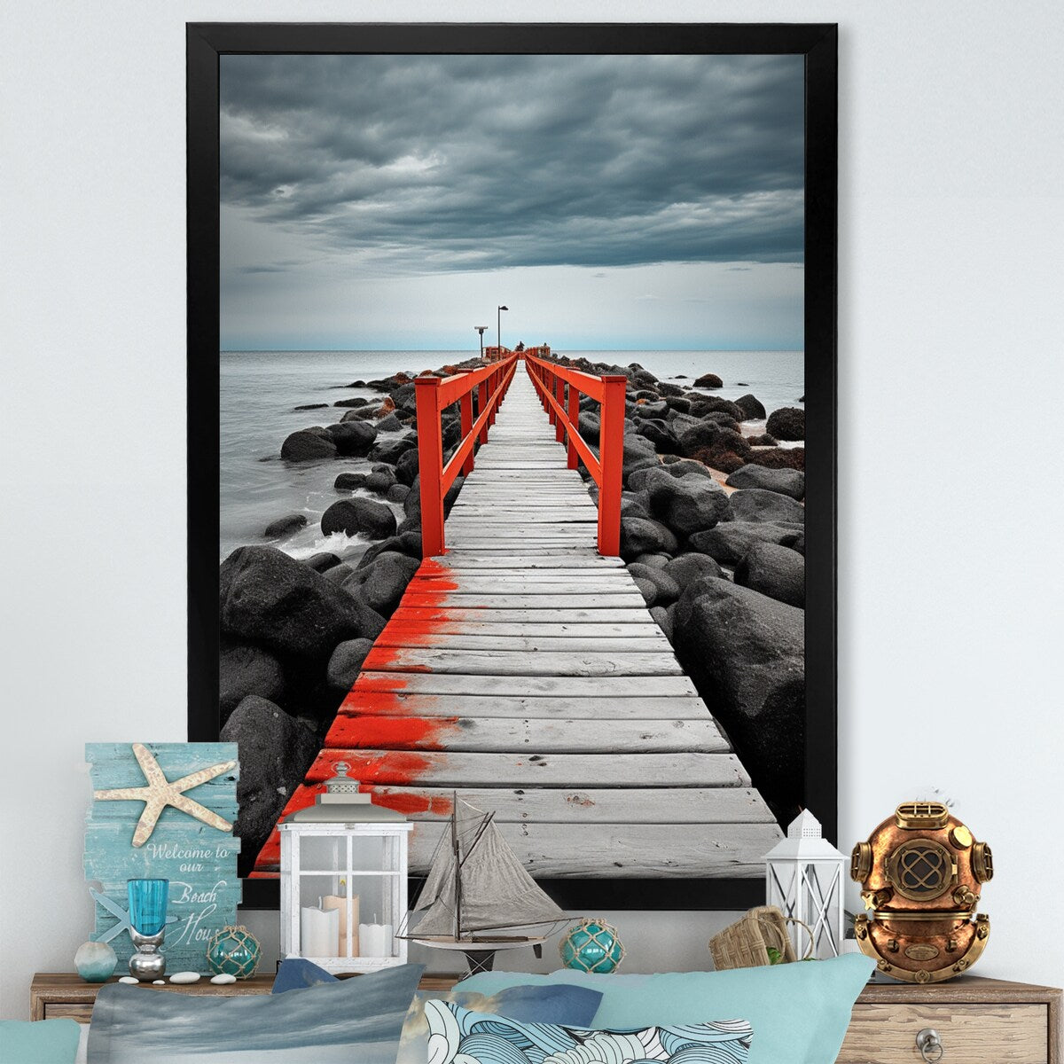 Designart "Beach Pier Perspective Black V" Coastal Pier Framed Wall Art Living Room