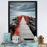 Designart "Beach Pier Perspective Black V" Coastal Pier Framed Wall Art Living Room