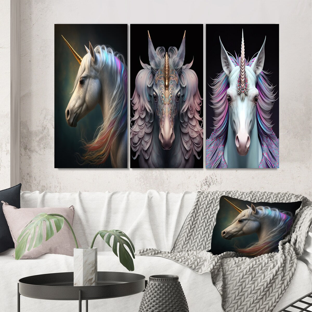Designart "Beautiful Portrait Of A Unicorn I" Animals Horse Wall Art Set Of 3 Children's Art Printed Art Set For Bedroom