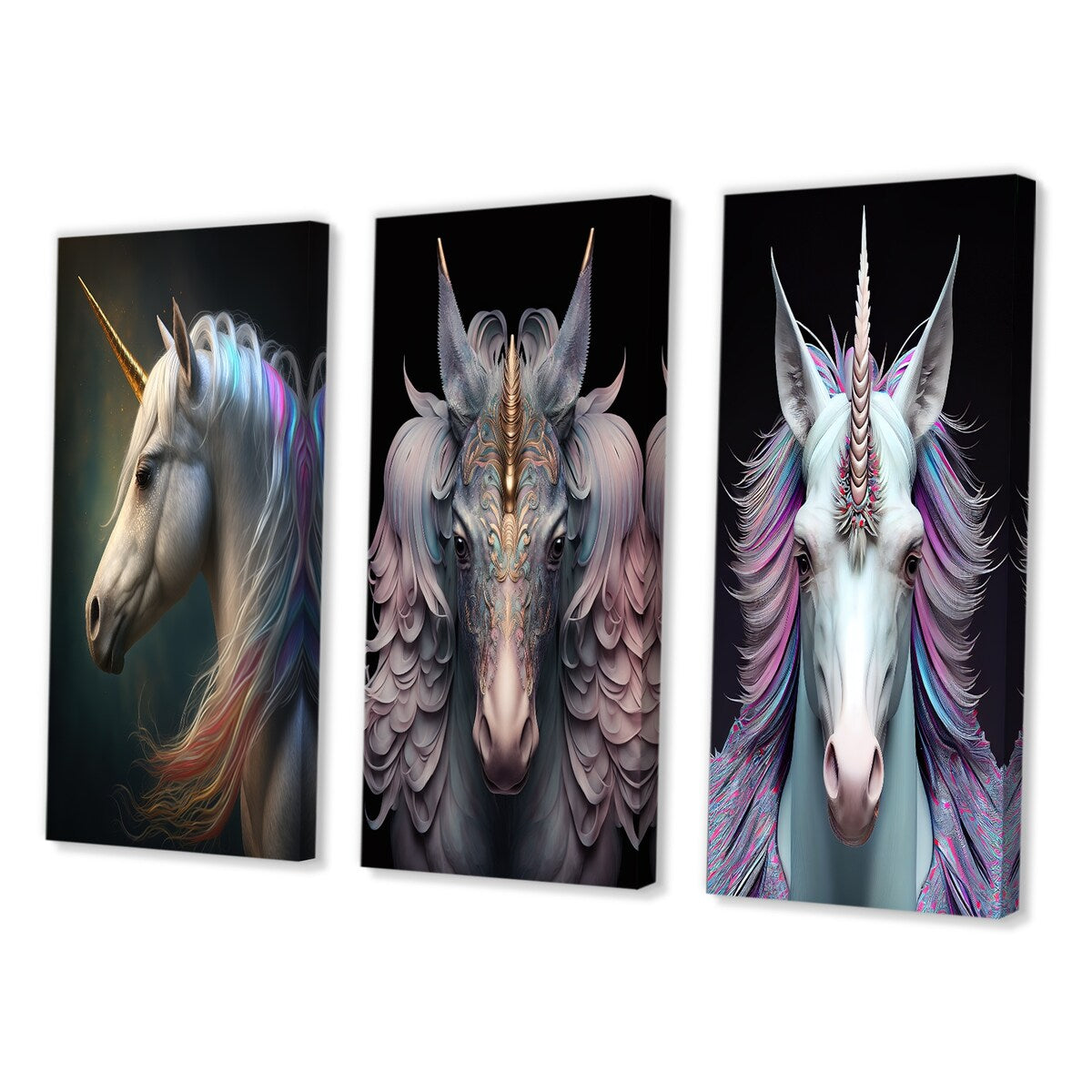 Designart "Beautiful Portrait Of A Unicorn I" Animals Horse Wall Art Set Of 3 Children's Art Printed Art Set For Bedroom