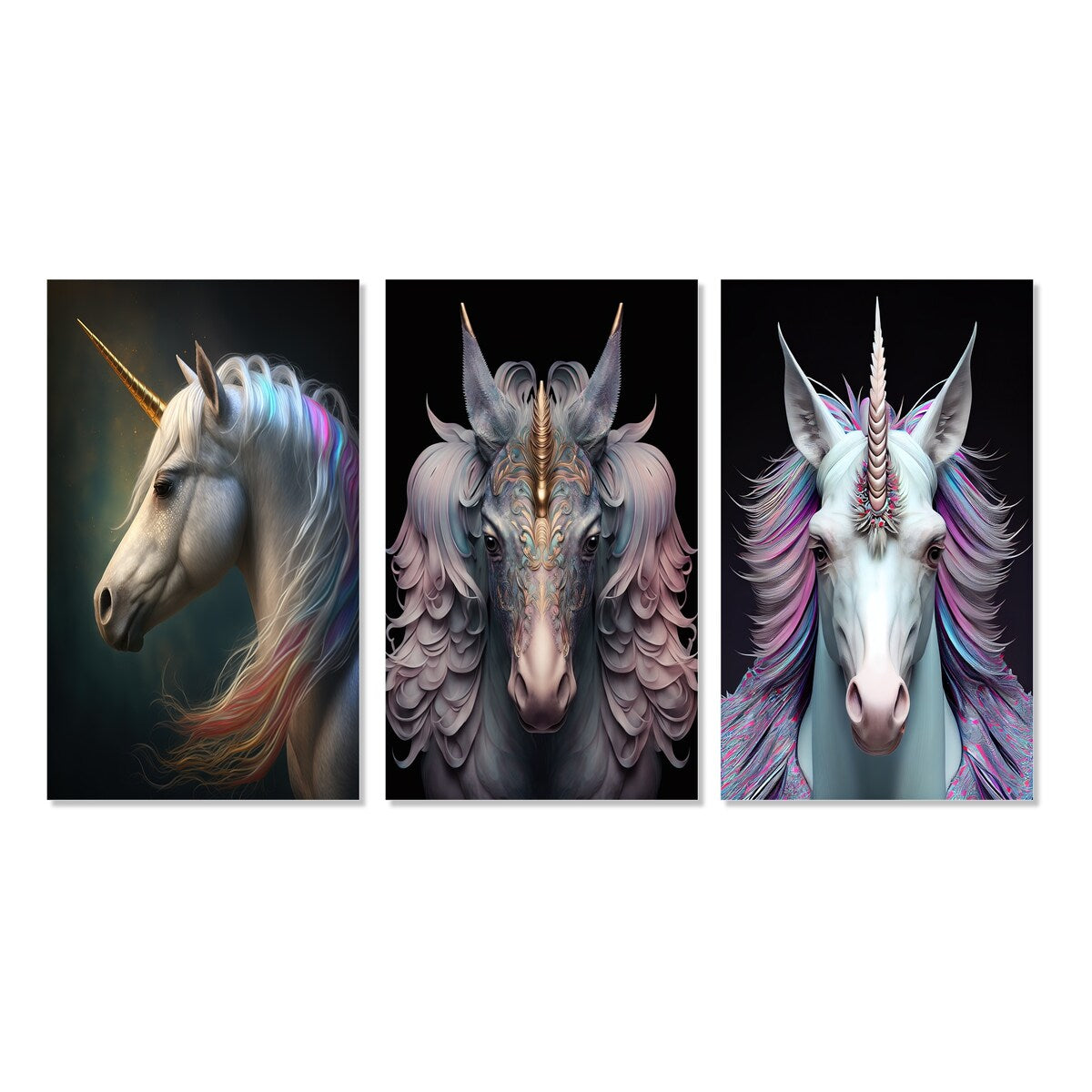 Designart "Beautiful Portrait Of A Unicorn I" Animals Horse Wall Art Set Of 3 Children's Art Printed Art Set For Bedroom