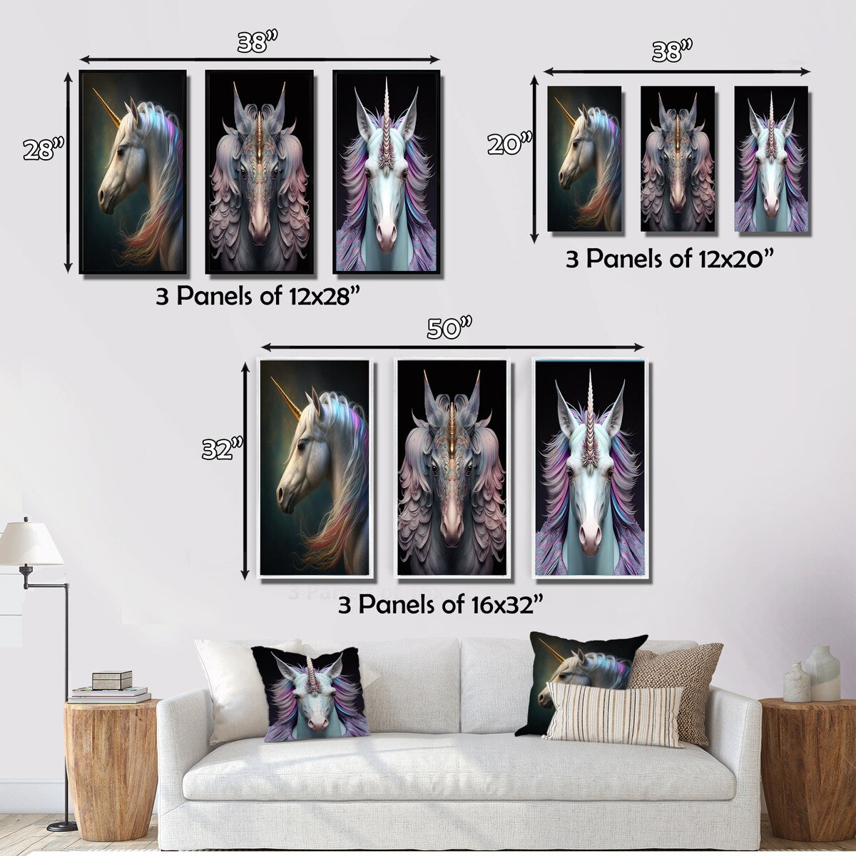 Designart "Beautiful Portrait Of A Unicorn I" Animals Horse Wall Art Set Of 3 Children's Art Printed Art Set For Bedroom