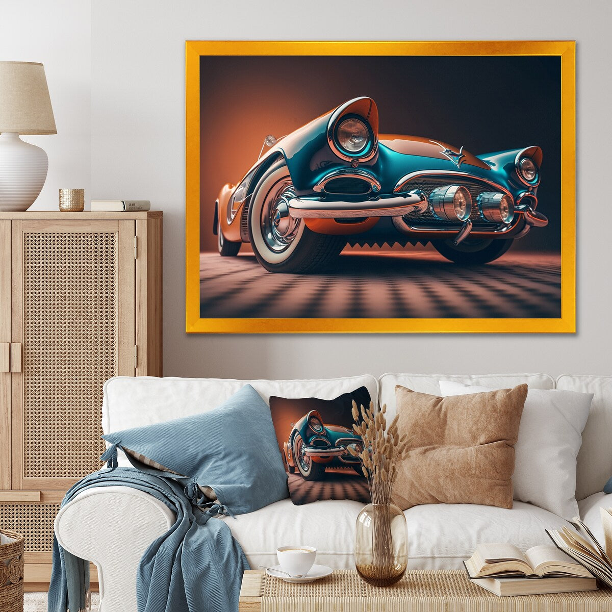 Designart "Beautiful Vintage Car In Retro Colors V" Retro Car Framed Art Print