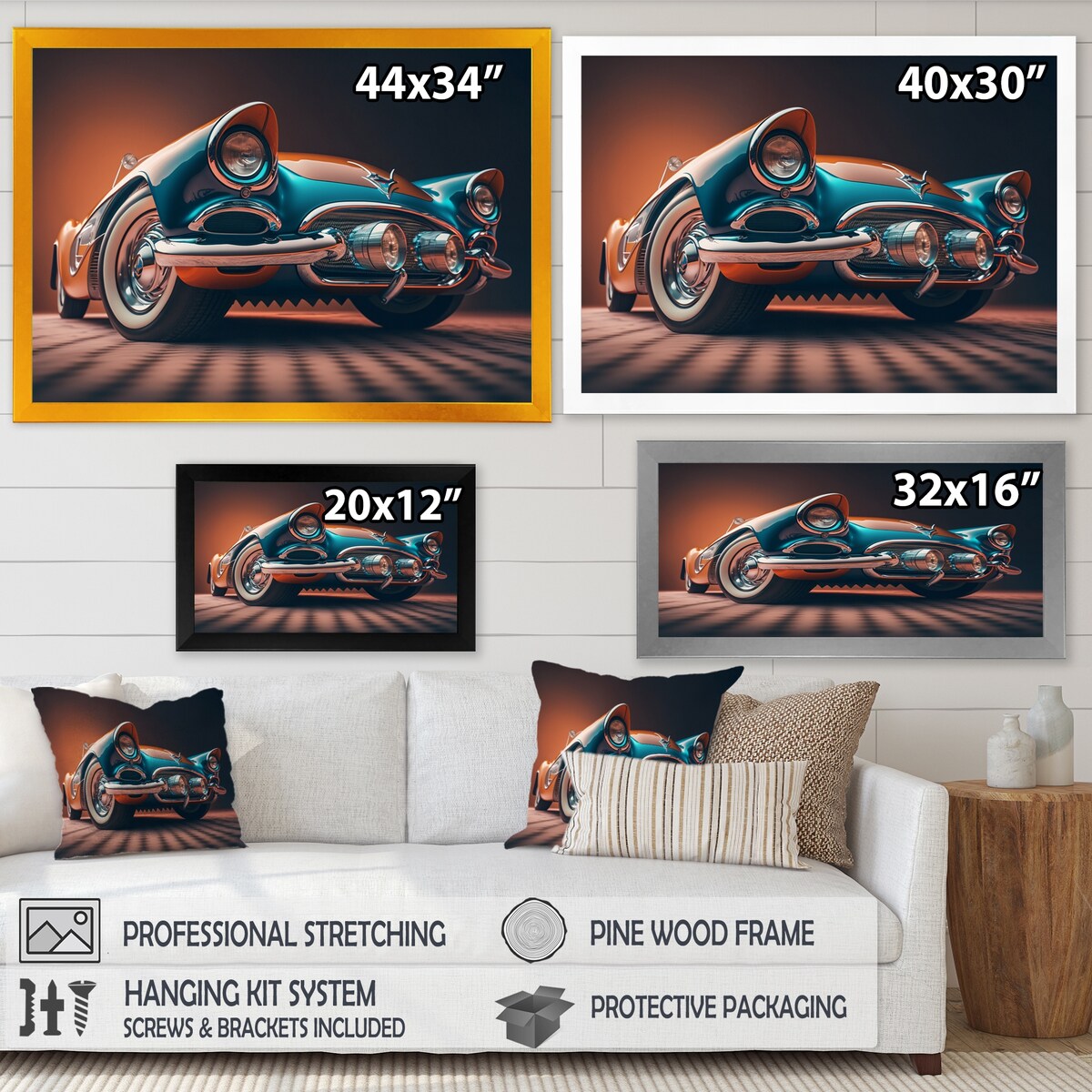 Designart "Beautiful Vintage Car In Retro Colors V" Retro Car Framed Art Print