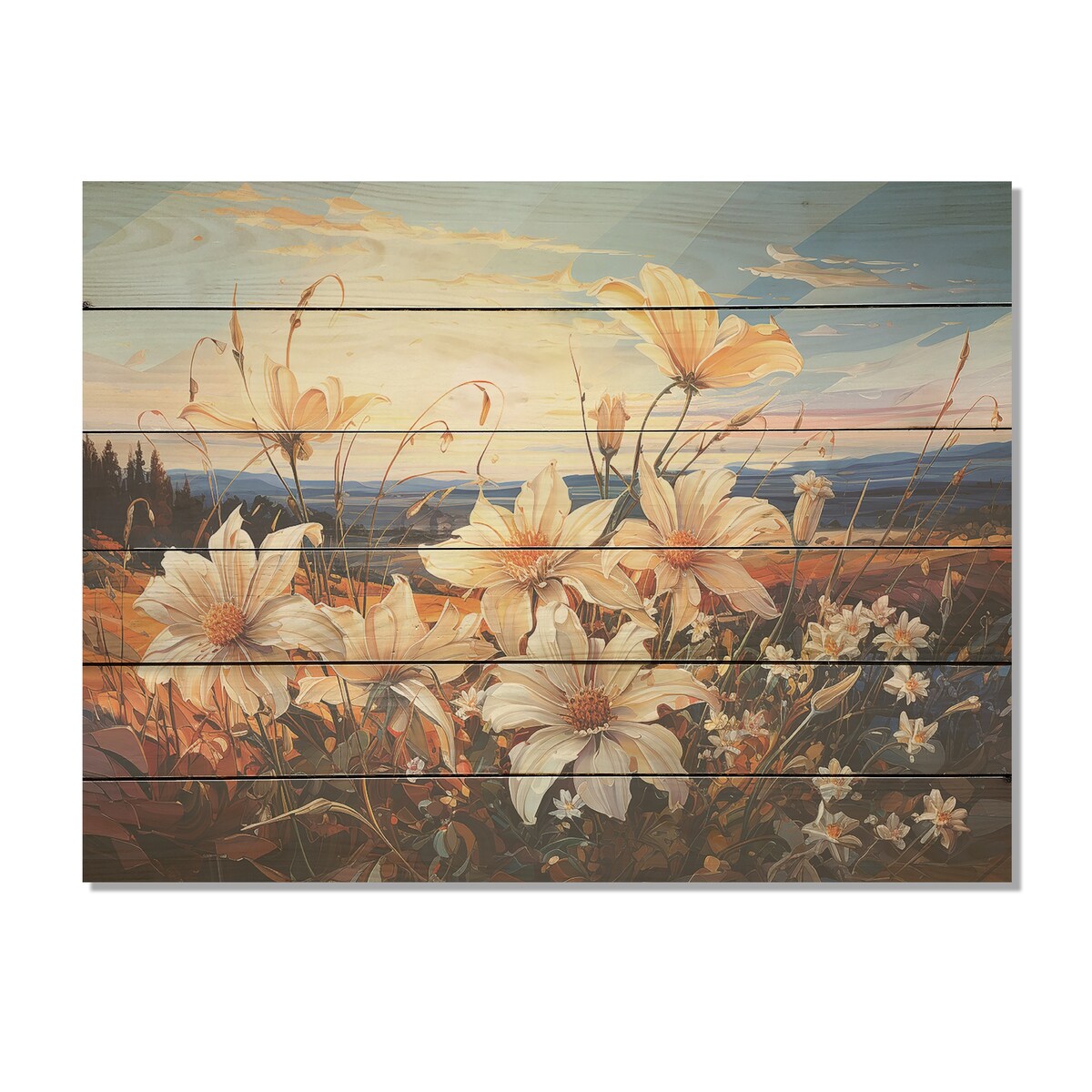 Designart "Beautify Lilies Field On Mountains I" Flowers Wood Wall Art - Traditional Wood Panel On Natural Pine Wood