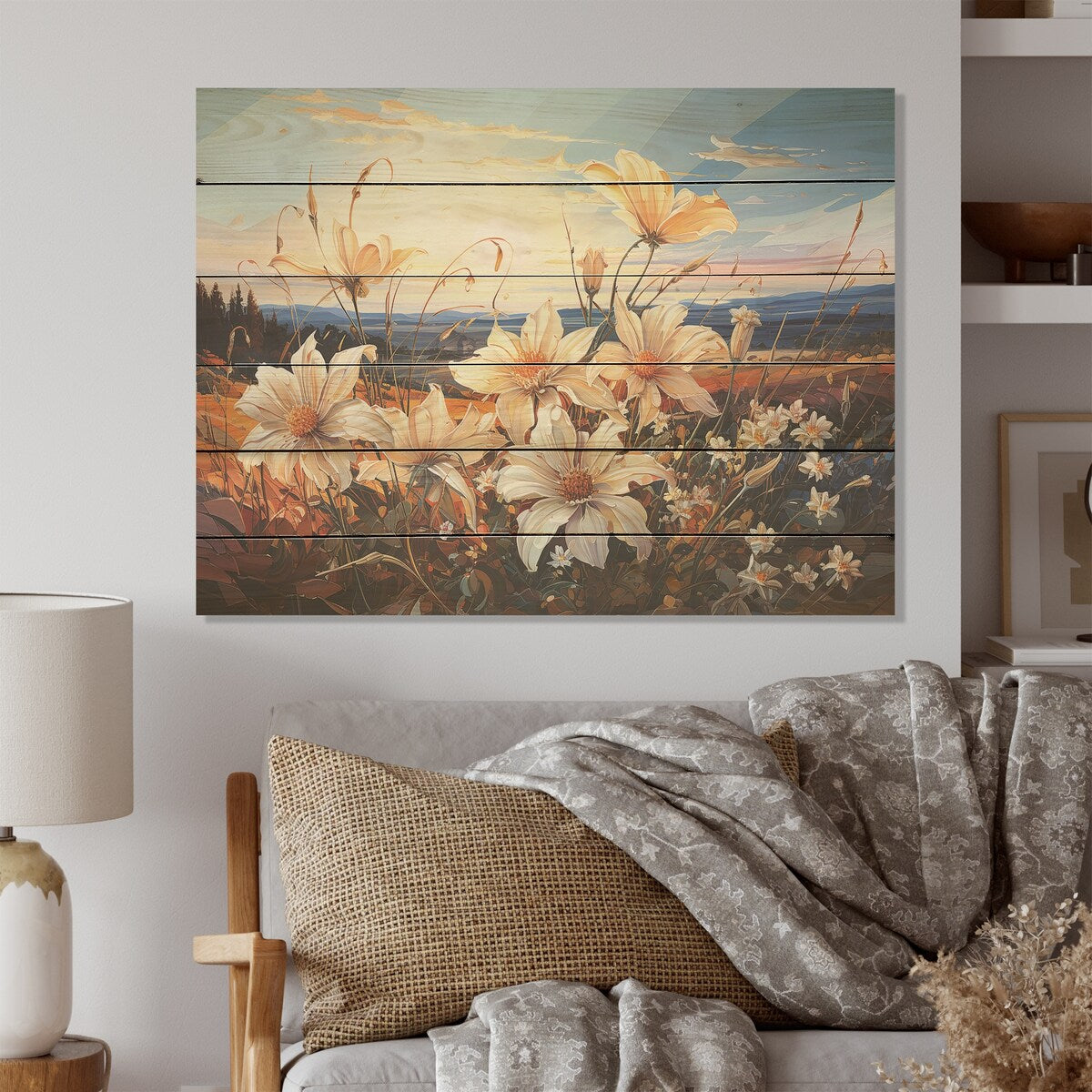 Designart "Beautify Lilies Field On Mountains I" Flowers Wood Wall Art - Traditional Wood Panel On Natural Pine Wood