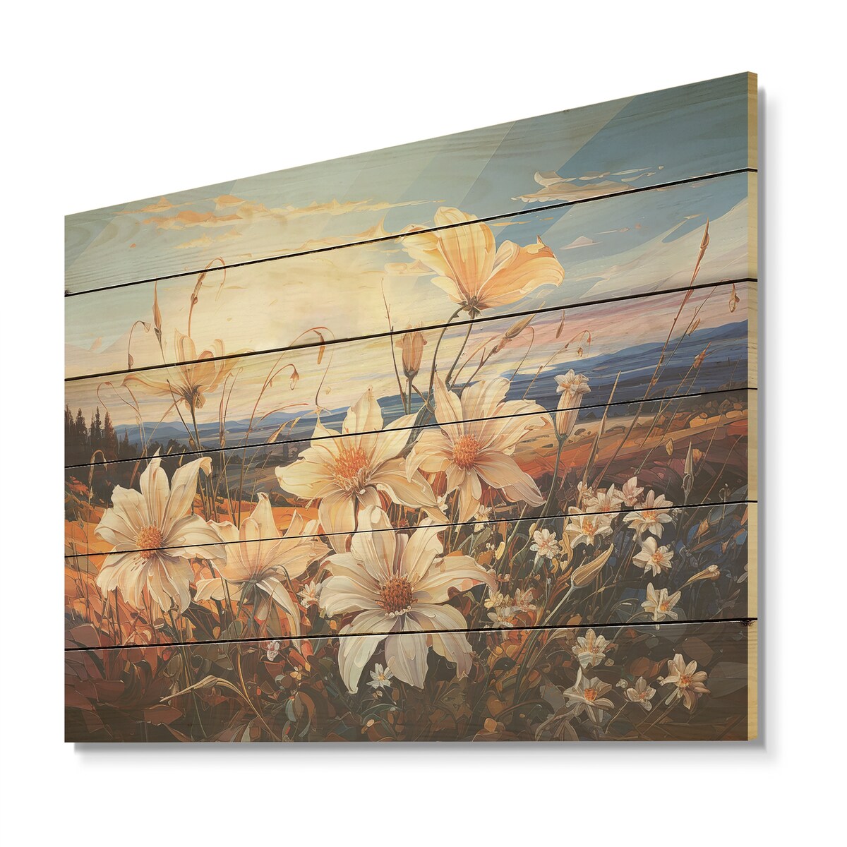 Designart "Beautify Lilies Field On Mountains I" Flowers Wood Wall Art - Traditional Wood Panel On Natural Pine Wood