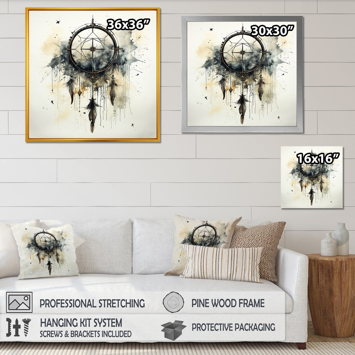 Designart "Beige And Grey Dreams Keepers I" Dream catcher Framed Wall Art Prints