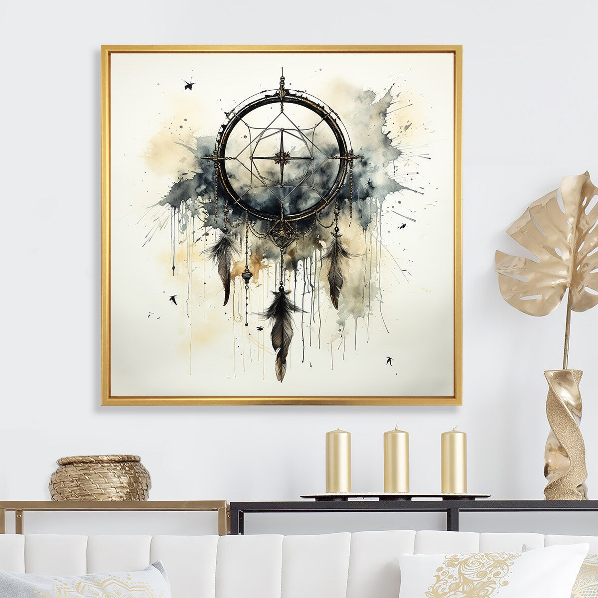 Designart "Beige And Grey Dreams Keepers I" Dream catcher Framed Wall Art Prints