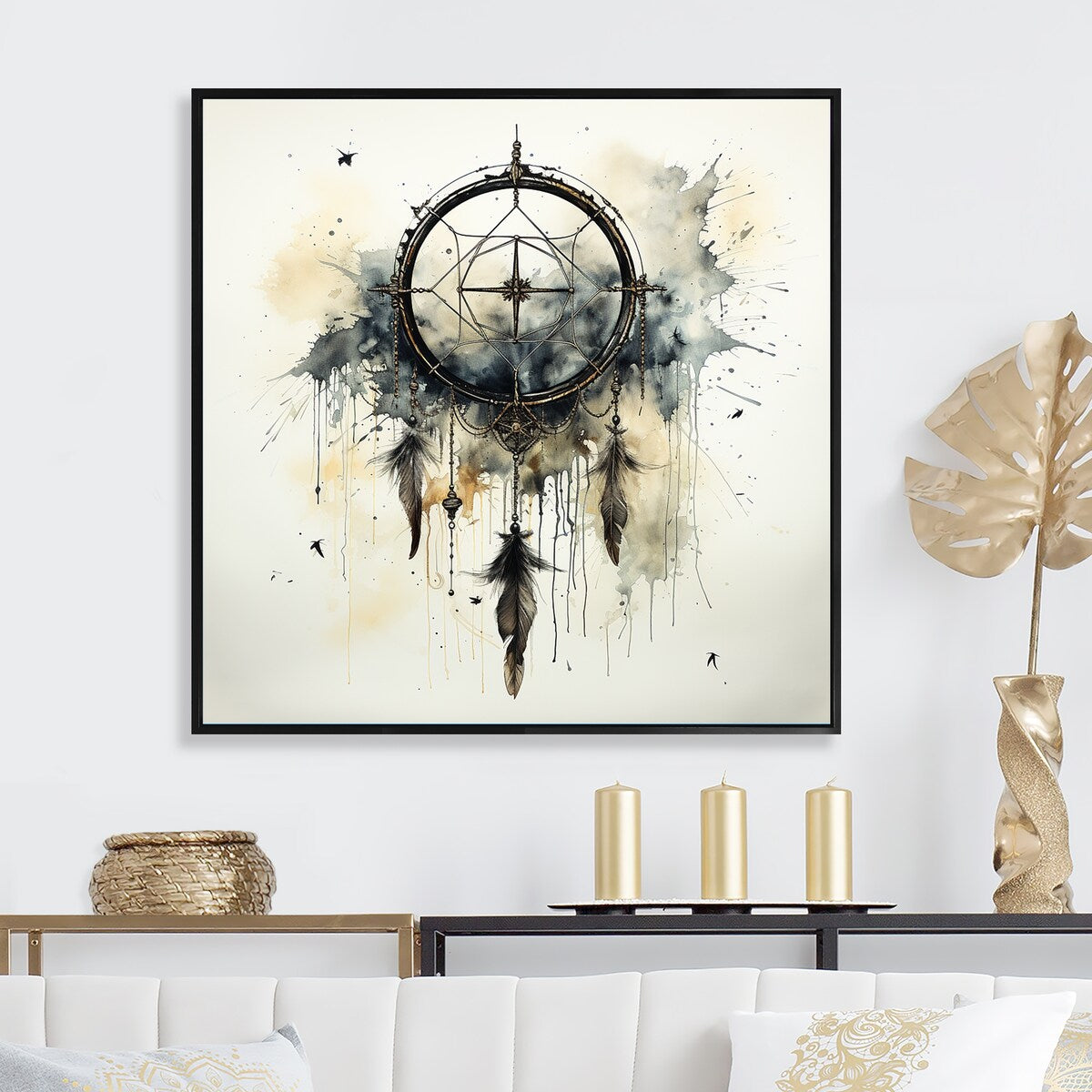 Designart "Beige And Grey Dreams Keepers I" Dream catcher Framed Wall Art Prints
