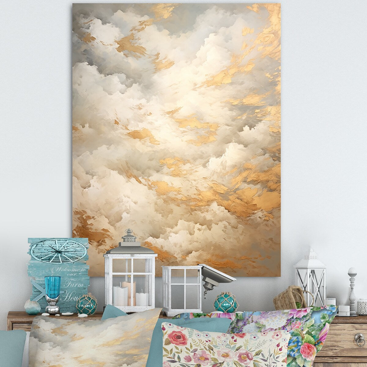 Designart "Beige Gold Minimalism Clouds IV" Clouds Wall Art