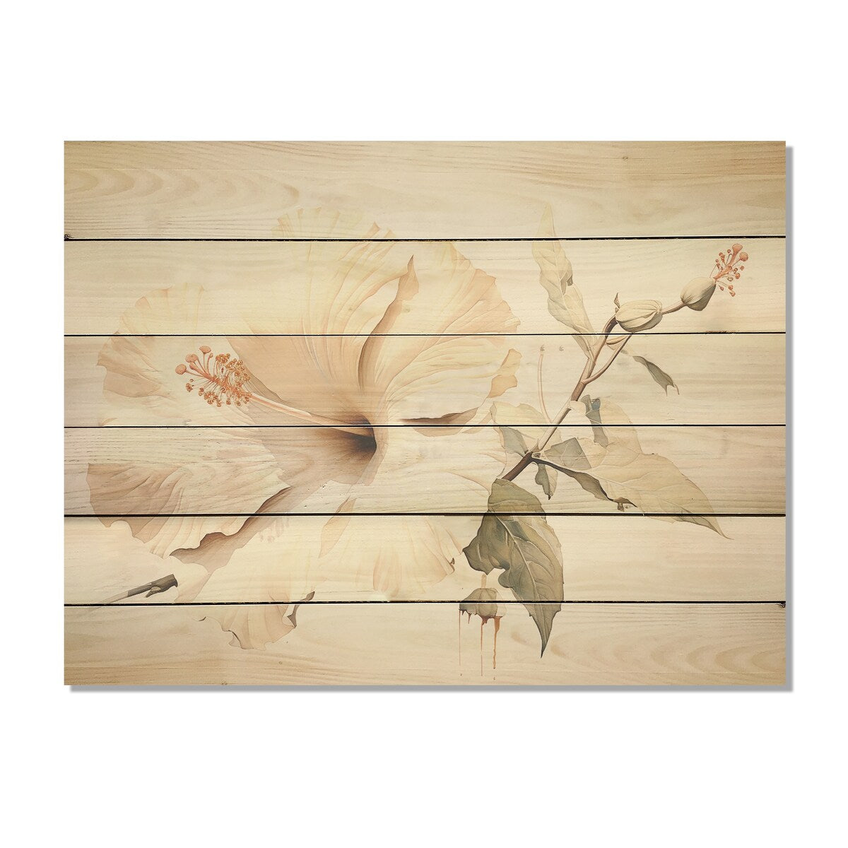 Designart "Beige Minimalism Hibiscus Wonder I" Hibiscus Wood Wall Decor - Traditional Wood Panel On Natural Pine Wood