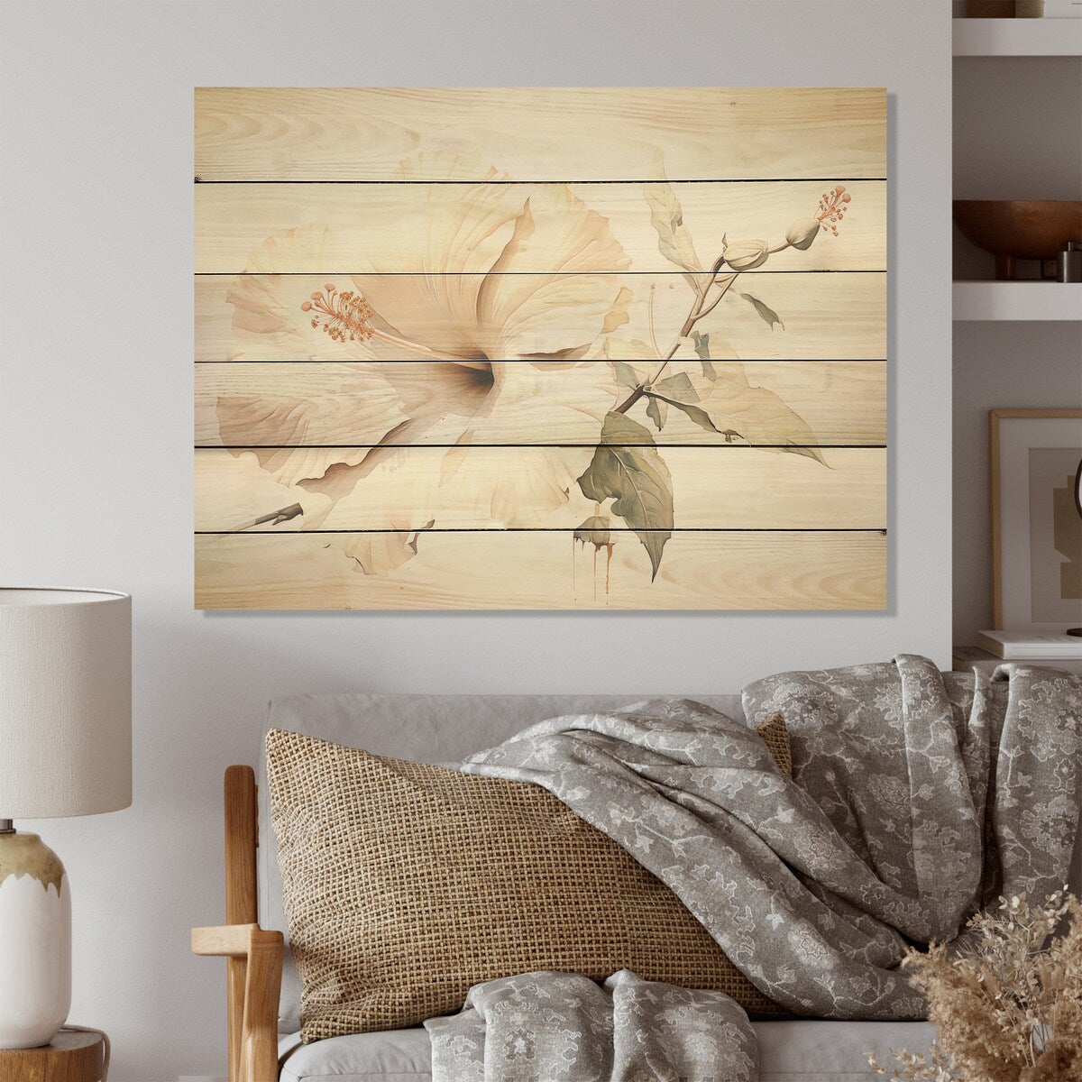 Designart "Beige Minimalism Hibiscus Wonder I" Hibiscus Wood Wall Decor - Traditional Wood Panel On Natural Pine Wood