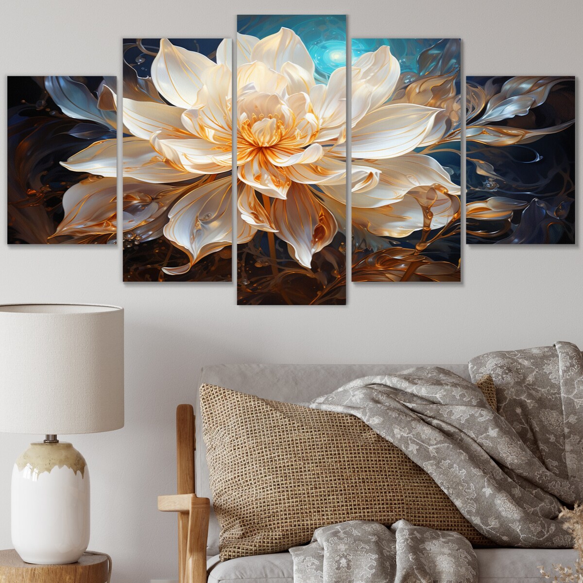 Designart "Beige Teal Abstract Fractal Transcendent Illumination" Modern Art Living Room Set