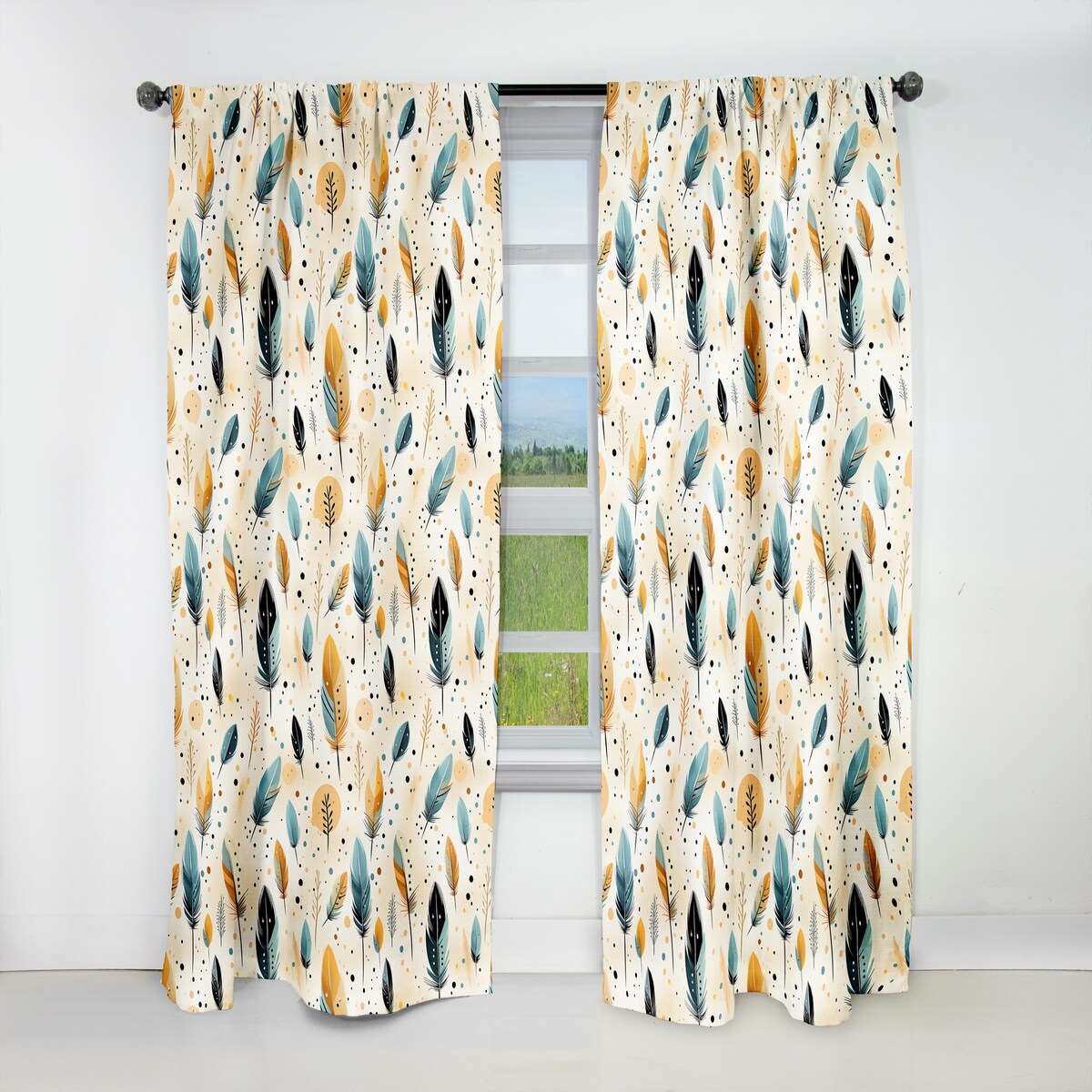 Designart "Beige Urban Nomadic Feathers Pattern" Boho Blackout Curtain For Living Room Décor