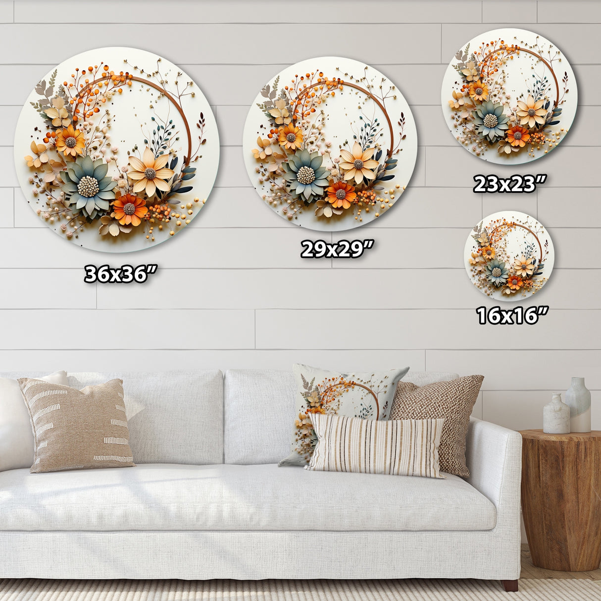 Designart "Beige and Orange Floral Wreath I" Floral Metal Circle Wall Art