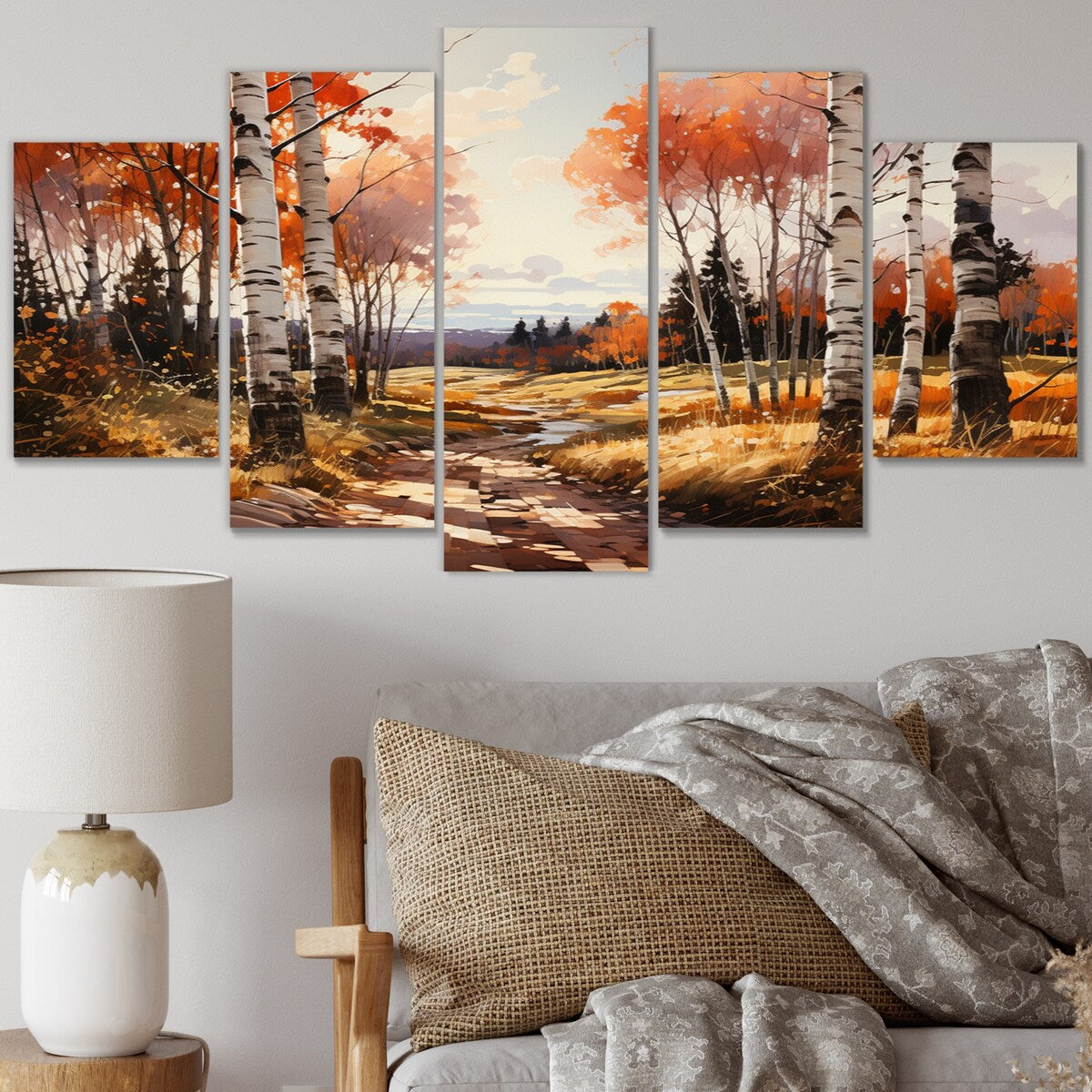 Designart "Birch Woods Gilded Pathway V" Tree Birch Art Living Room Set