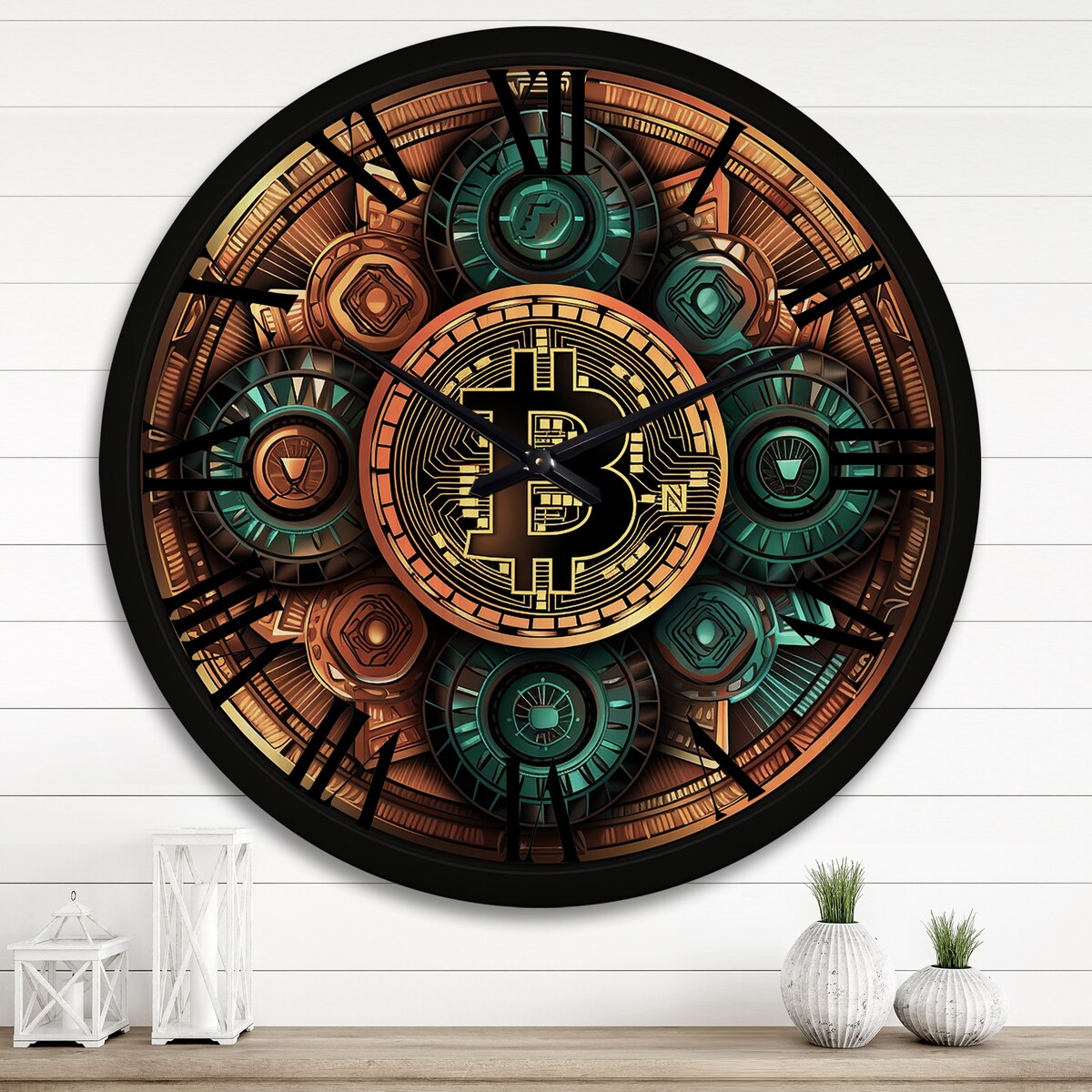 Designart "Bitcoin Crypto Seal I" Modern Geometric Oversized Wood Wall Clock