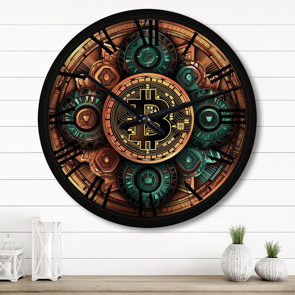 Designart "Bitcoin Crypto Seal I" Modern Geometric Oversized Wood Wall Clock
