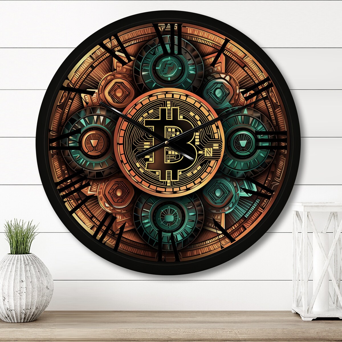 Designart "Bitcoin Crypto Seal I" Modern Geometric Oversized Wood Wall Clock