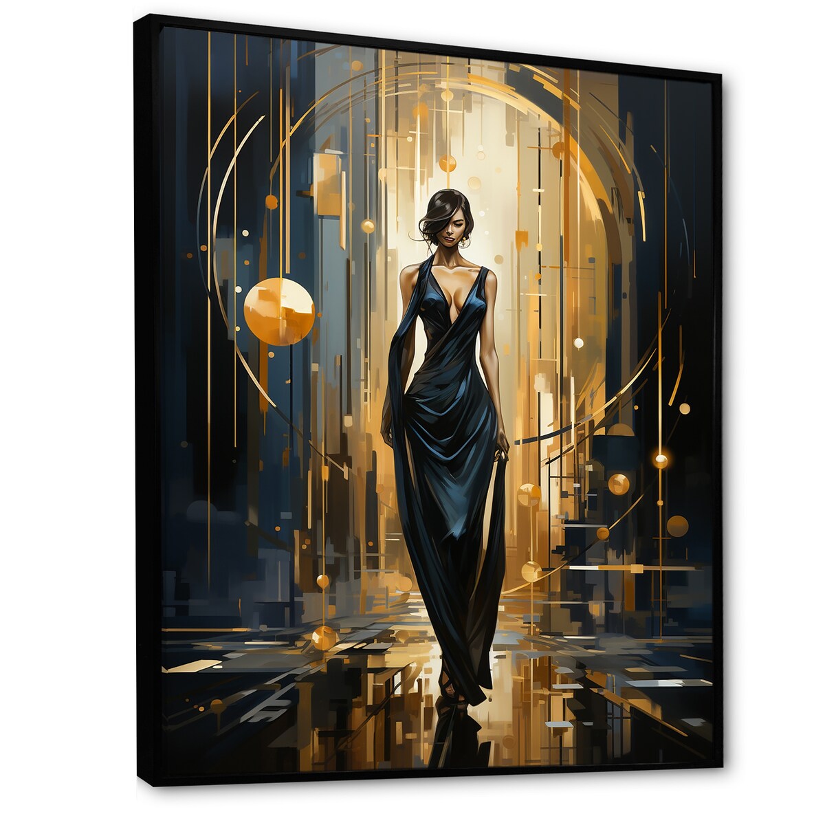 Designart "Black And Gold Ballroom Woman II" Fashion Black Wall Decor - Glam Entryway Framed Wall Art Print