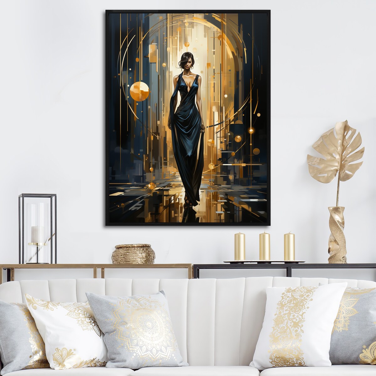 Designart "Black And Gold Ballroom Woman II" Fashion Black Wall Decor - Glam Entryway Framed Wall Art Print