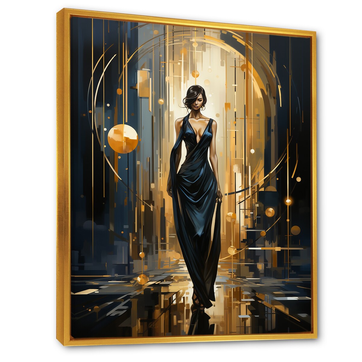 Designart "Black And Gold Ballroom Woman II" Fashion Black Wall Decor - Glam Entryway Framed Wall Art Print