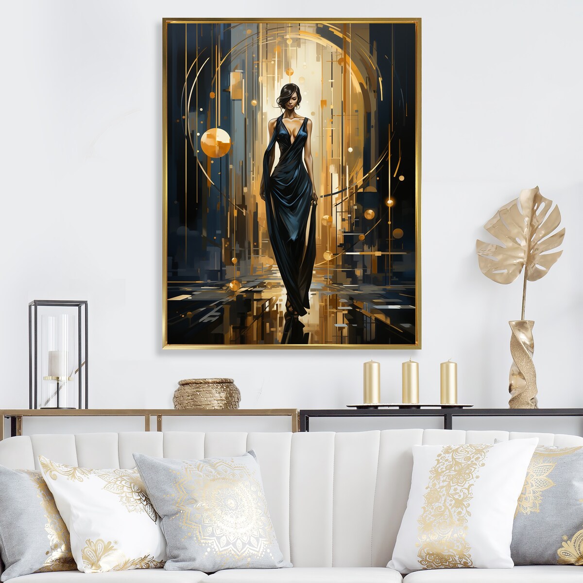 Designart "Black And Gold Ballroom Woman II" Fashion Black Wall Decor - Glam Entryway Framed Wall Art Print