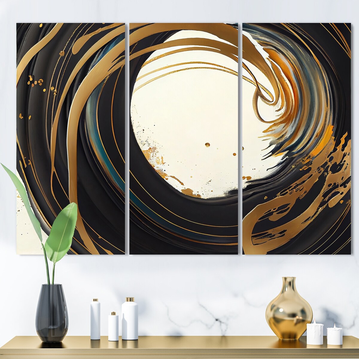 Designart "Black And Gold Circle I" Modern Spiral Canvas Art Print - 3 Panels