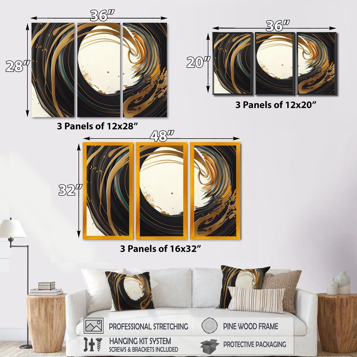 Designart "Black And Gold Circle I" Modern Spiral Canvas Art Print - 3 Panels