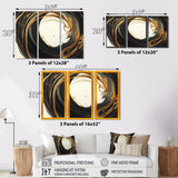 Designart "Black And Gold Circle I" Modern Spiral Canvas Art Print - 3 Panels