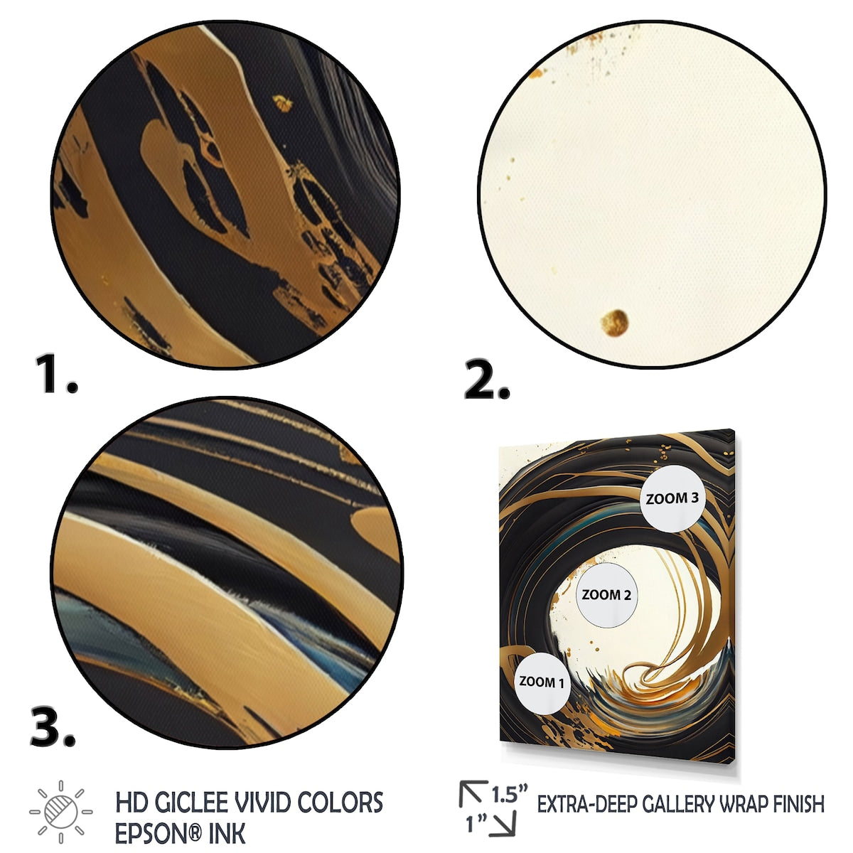 Designart "Black And Gold Circle I" Modern Spiral Canvas Art Print - 3 Panels